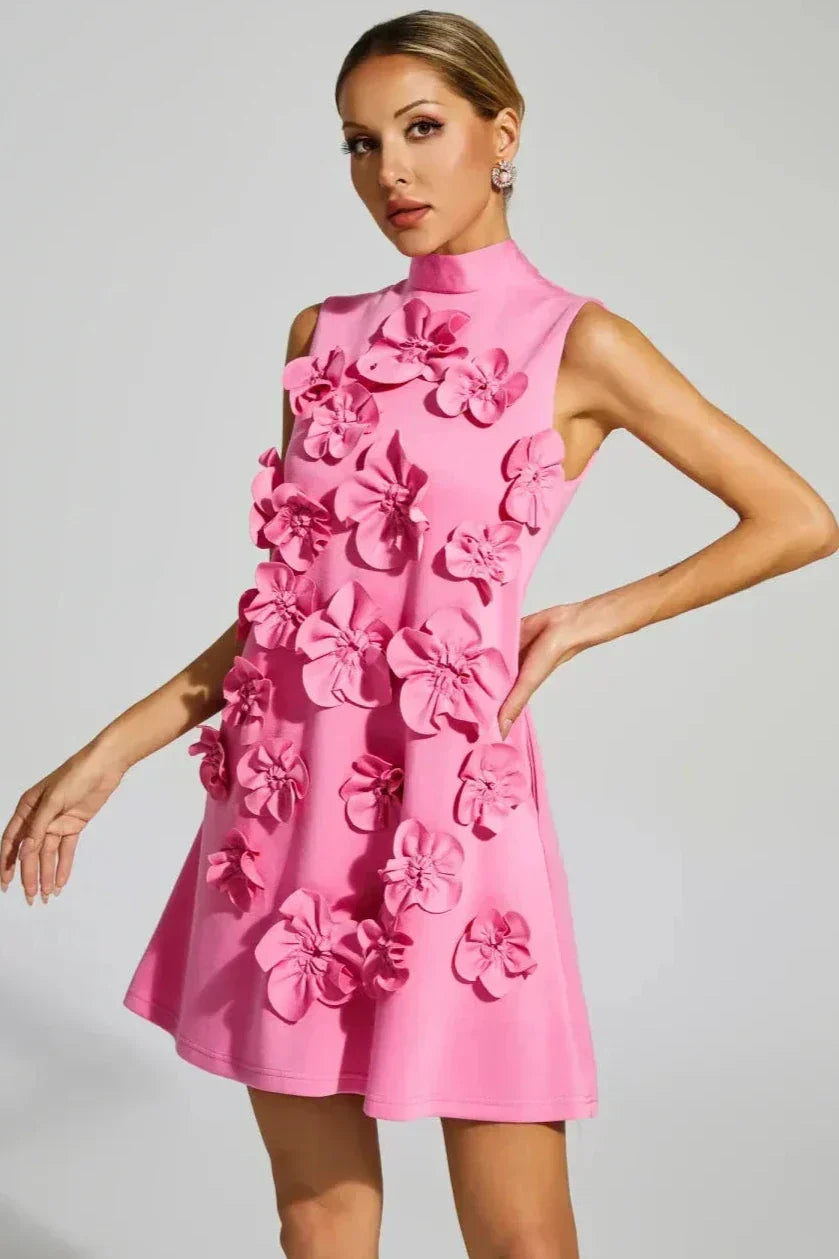 Liora Pembe Gül Çiçek Mini Elbise