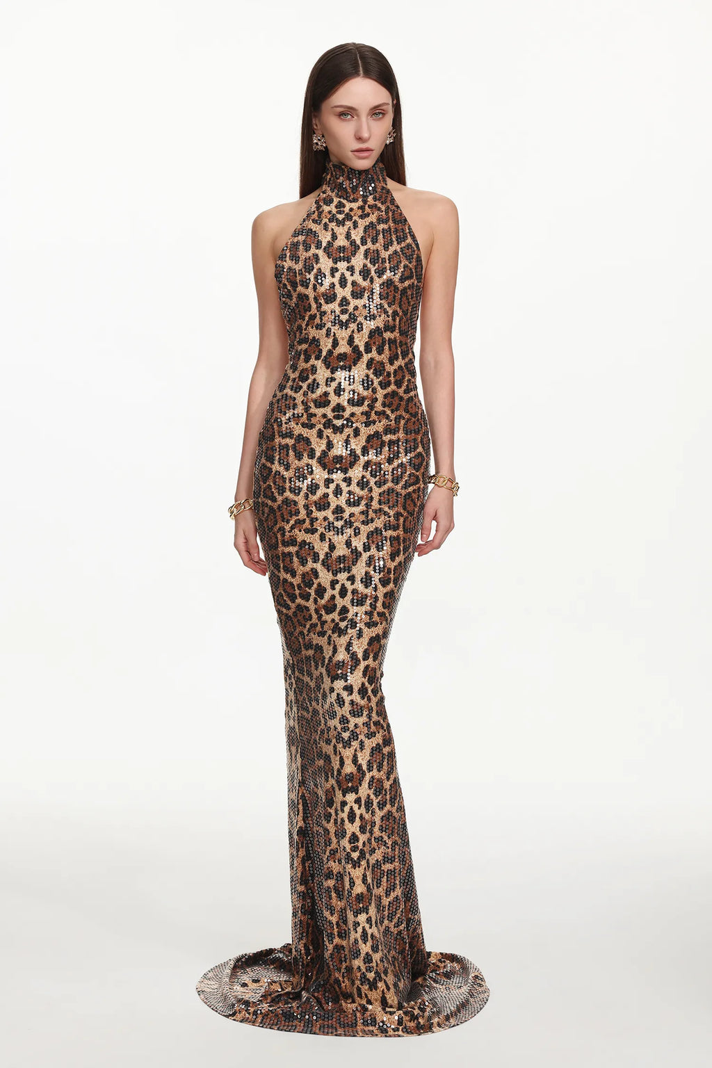 Glamorous Leopar Desenli Payetli Premium Maxi Elbise
