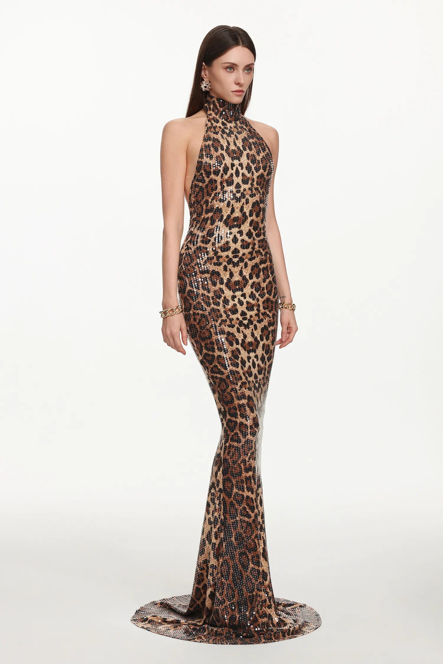 Glamorous Leopar Desenli Payetli Premium Maxi Elbise
